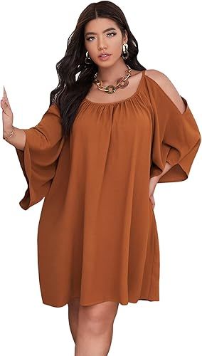 SOLY HUX Women Plus Size Casual Summer Dress Cold Shoulder 3/4 Sleeve Short Tshirt Dress | Amazon (US)