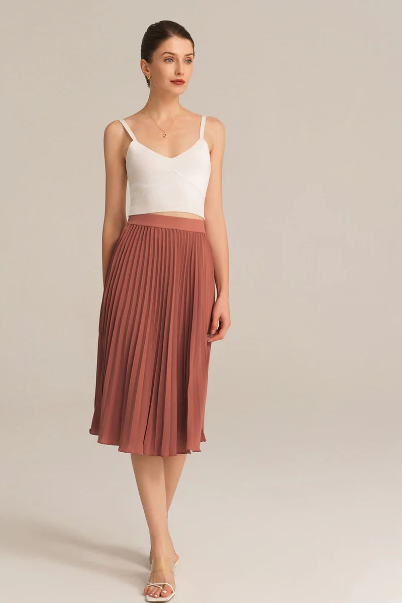 Elastic Waist Solid Color Pleated Skirt - Brown | GRACE KARIN