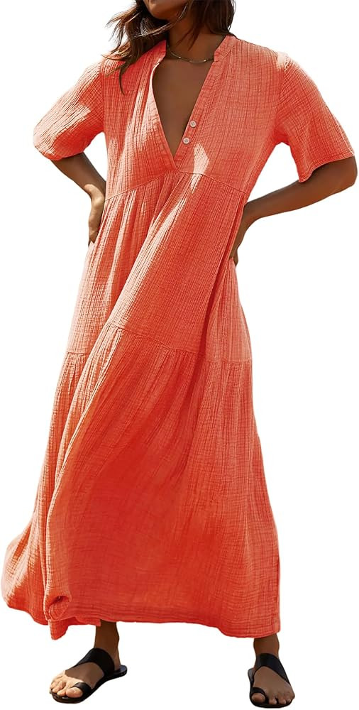 R.Vivimos Womens Summer Cotton Flowy Maxi Dress Short Sleeve V Neck Empire Waist Boho Tiered Ruff... | Amazon (US)