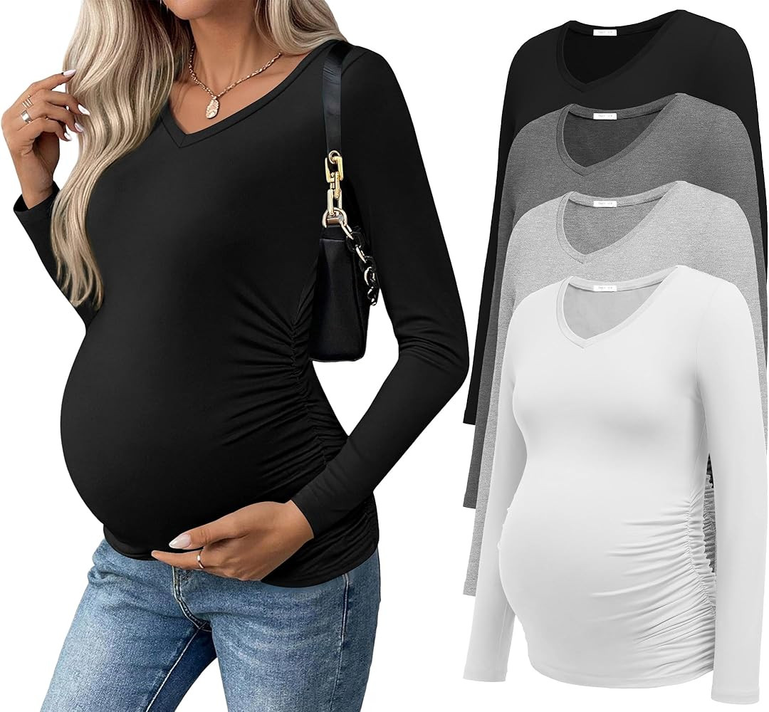 Ekouaer Womens Maternity Shirts Long Sleeve 4 Pack V Neck Side Ruched Pregnancy Tops Blouse Casua... | Amazon (US)