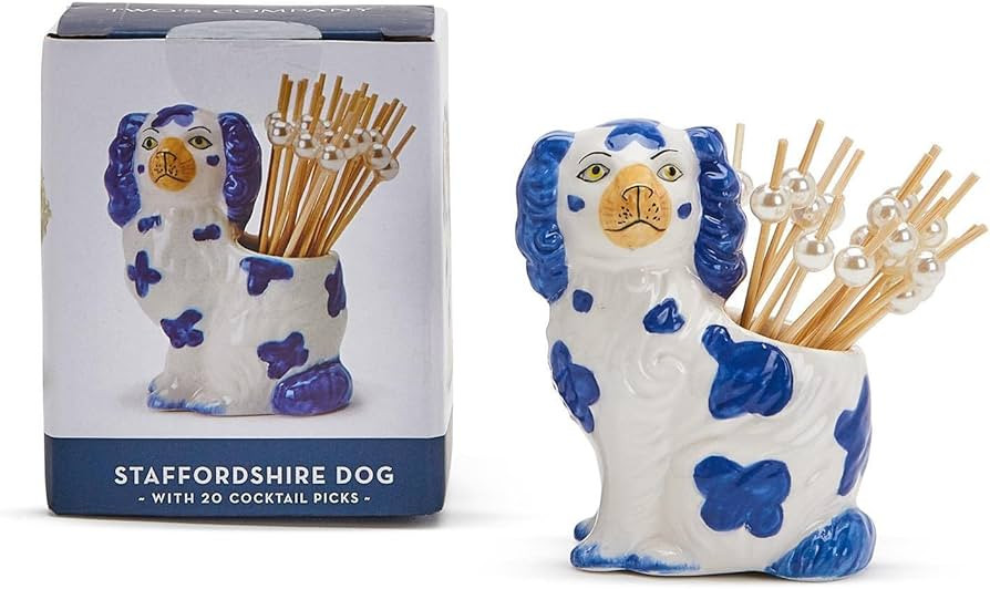 Two's Company Staffordshire Dog with 20 Picks in Gift Box, Blue and White, Ceramic/Bamboo | Amazon (US)