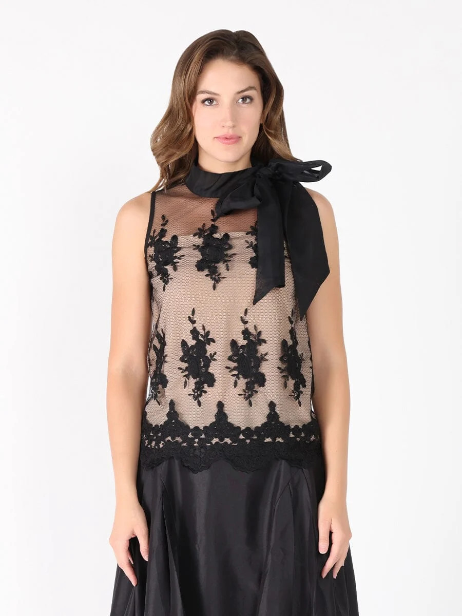 Gracia Fashion Women's Organza-Like Neck Tie Sleeveless See-Through Top BLACK / S | Gracia Fashion