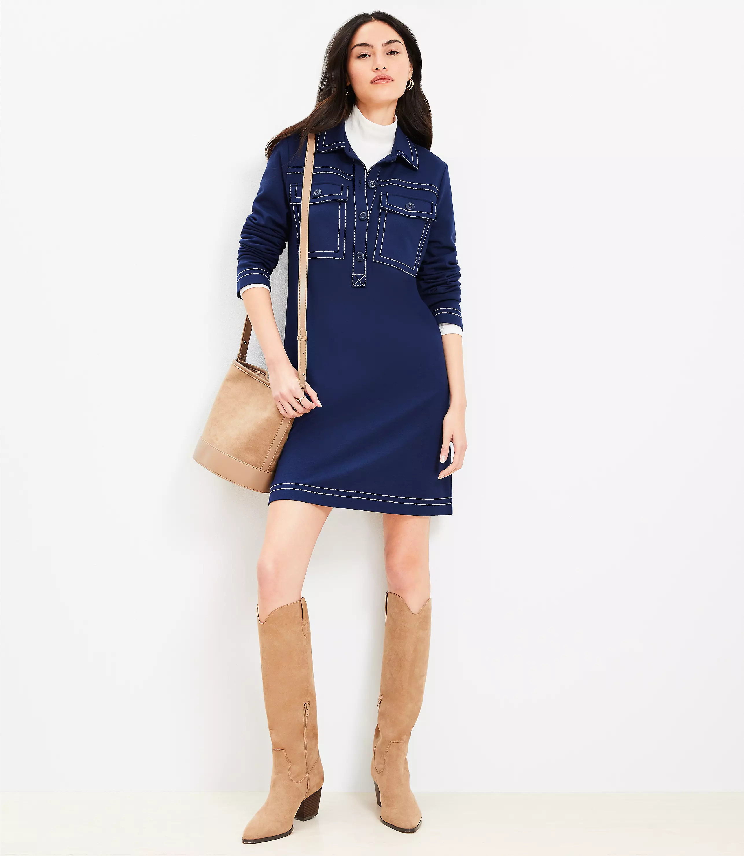 Topstitched Ponte Mini Pocket Shirtdress | LOFT