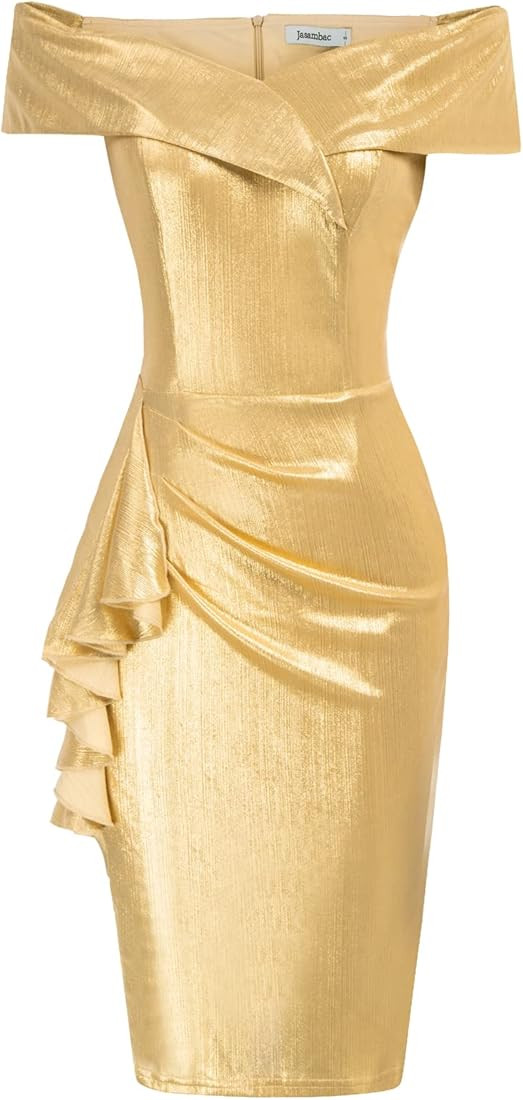 JASAMBAC Women's Off Shoulder V Neck Ruched Bodycon Midi Elegant Cocktail Party Dress Wedding Guest  | Amazon (US)