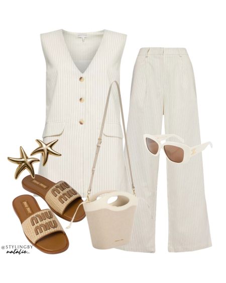 Pinstripe longline waistcoat and matching trousers- co-ord. Miu Miu raffia sandals, cross body bag, celine sunglasses & starfish earrings.
Summer outfit, casual chic, neutral look, co ord.

#LTKmodest #LTKuk #LTKstyletip