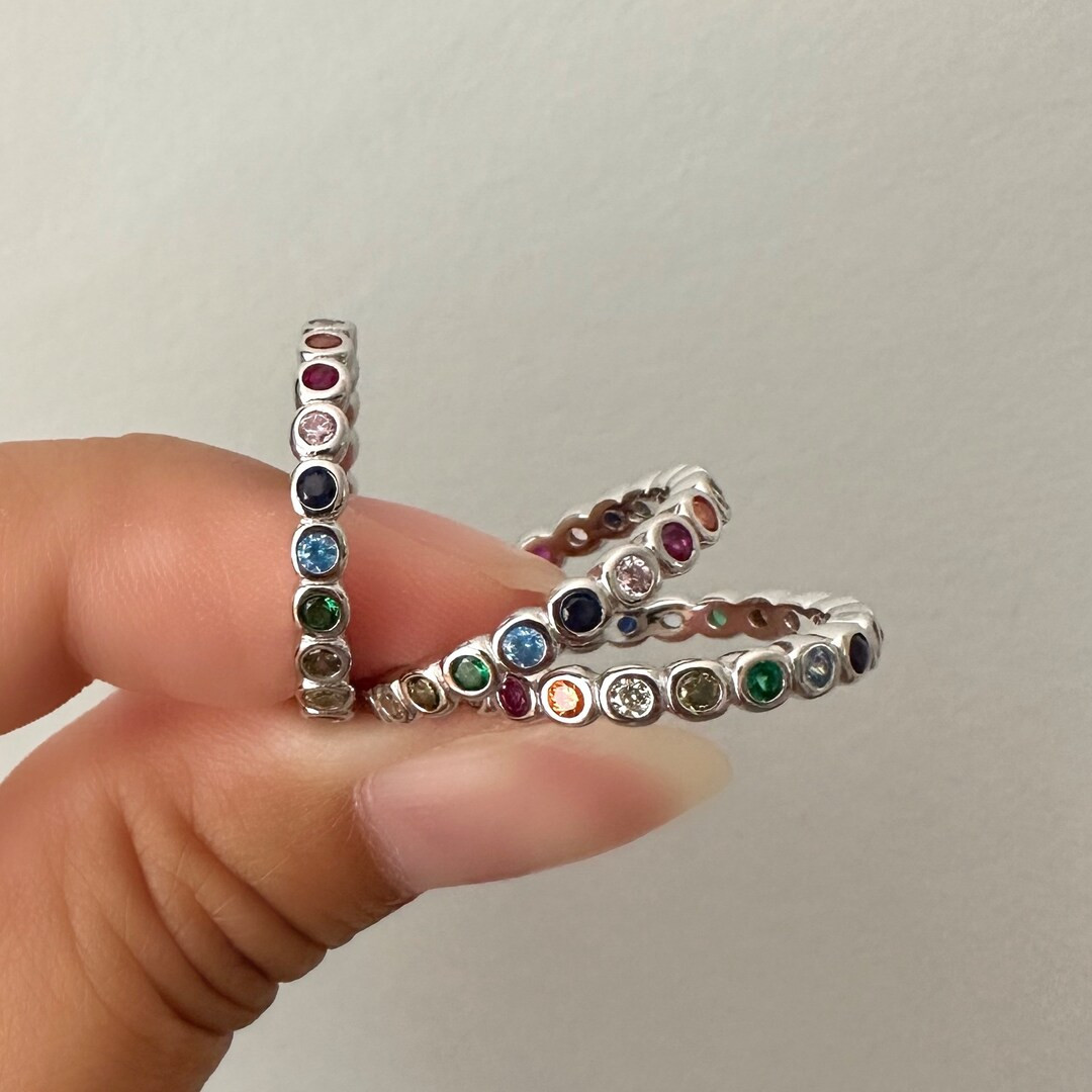 Silver Rainbow Ring, Sterling Silver Full Eternity Rainbow Ring, Bezel Ring, Rainbow Band Silver,... | Etsy (US)