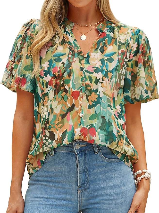 Simplee Womens Summer Floral Blouses Chiffon Boho Dressy Casual Work V Neck Puff Short Sleeve Loo... | Amazon (US)