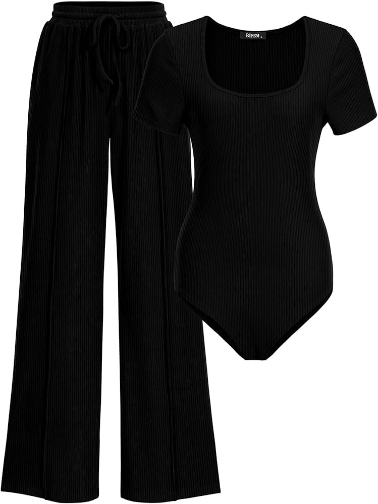 BTFBM Womens Spring 2 Piece Outfits 2026 Square Neck Short Sleeve Bodysuit Drawstring Pants Knit ... | Amazon (US)