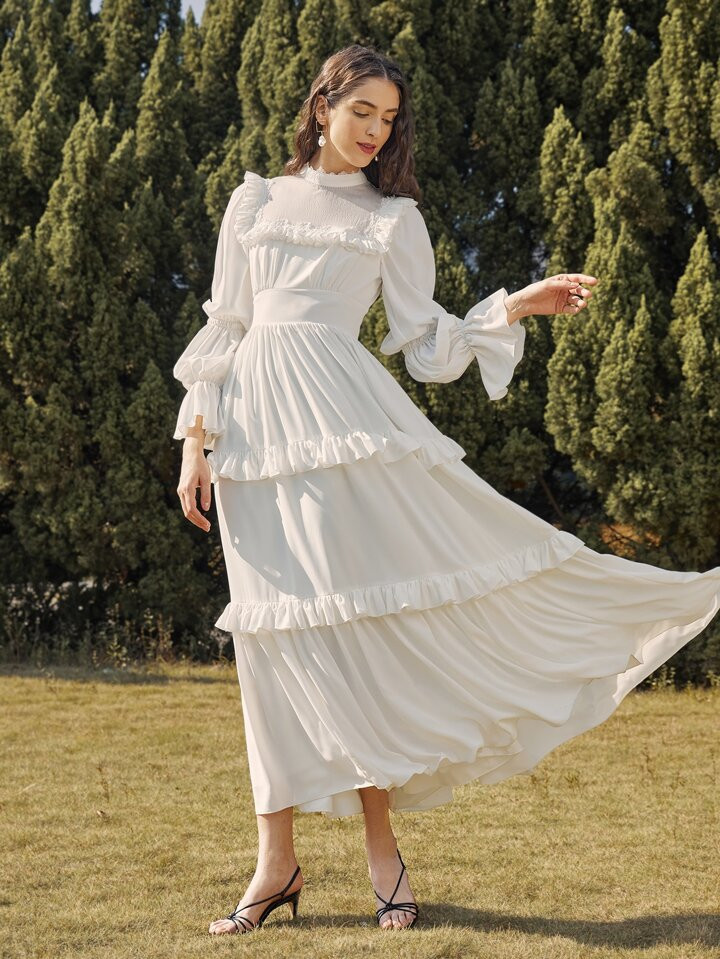 SHEIN Mulvari Mock Neck Gathered Sleeve Layered Ruffle Detail Dress | SHEIN