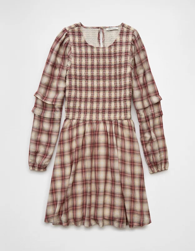 AE Long-Sleeve High Neck Plaid Mini Dress | American Eagle Outfitters (US & CA)