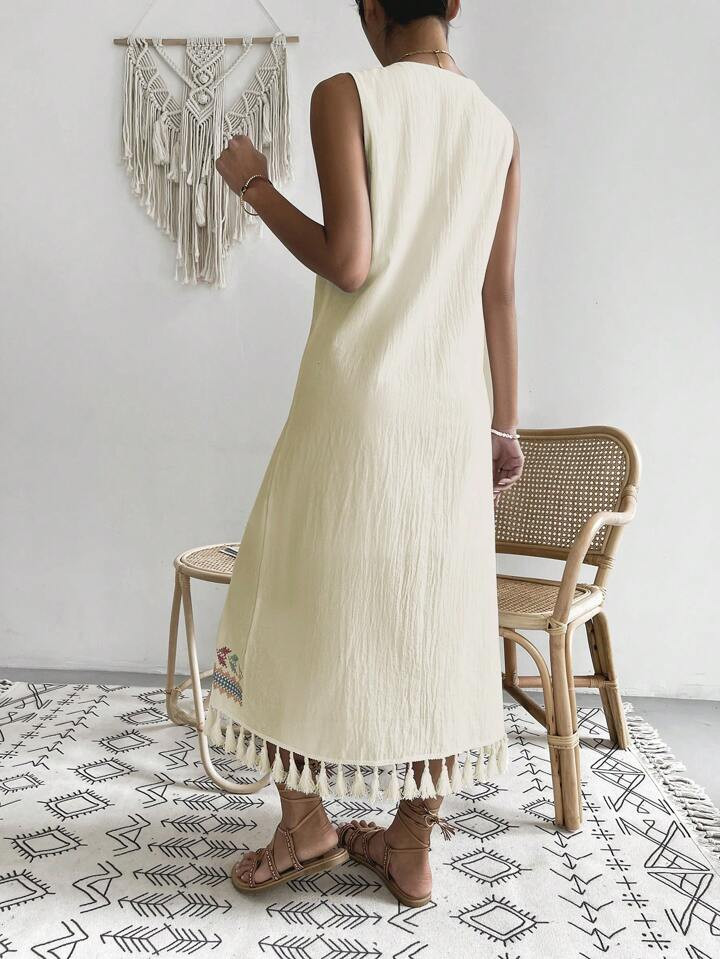 SHEIN VCAY Geo Embroidery Tassel Trim Dress Without Belt | SHEIN
