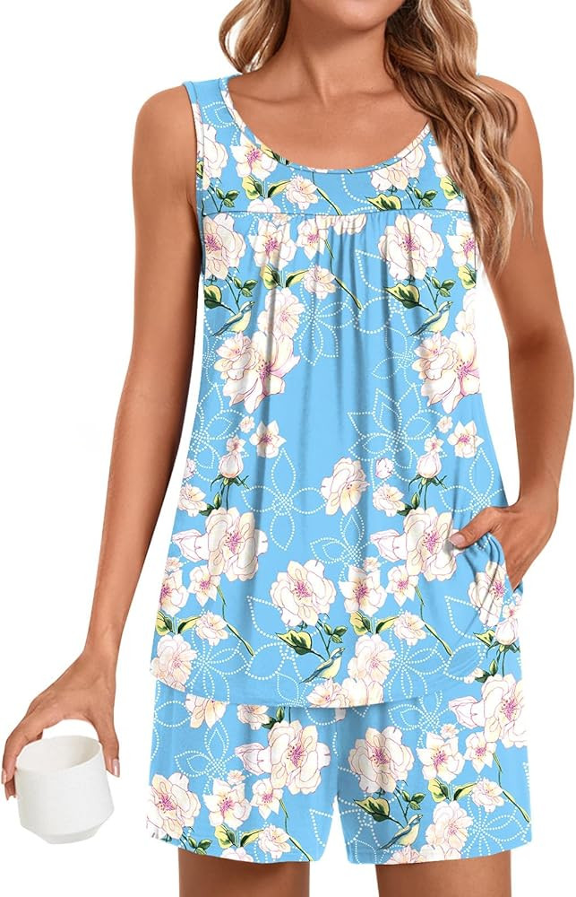 POPYOUNG Pajama Set for Women Summer Sleeveless Tank Tops Pjs Sets 2 Piece Lounge Set Comfy Short... | Amazon (US)
