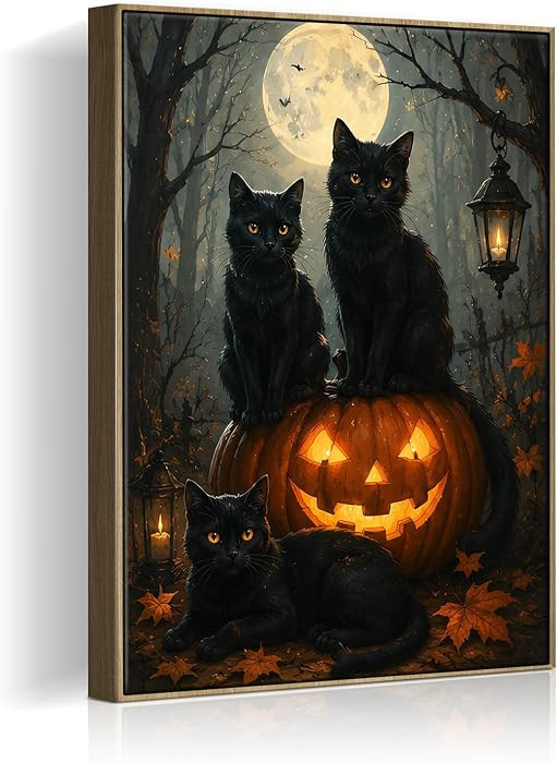 Halloween Framed Wall Art, Three Black Cats with Pumpkin Halloween Pictures | Amazon (US)