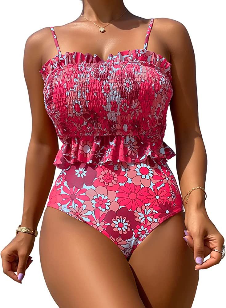 WDIRARA Women's 2 Piece Set Floral Print Tankini Swimwear Smocked Ruffle Hem Onepiece Swimsuit Bi... | Amazon (US)