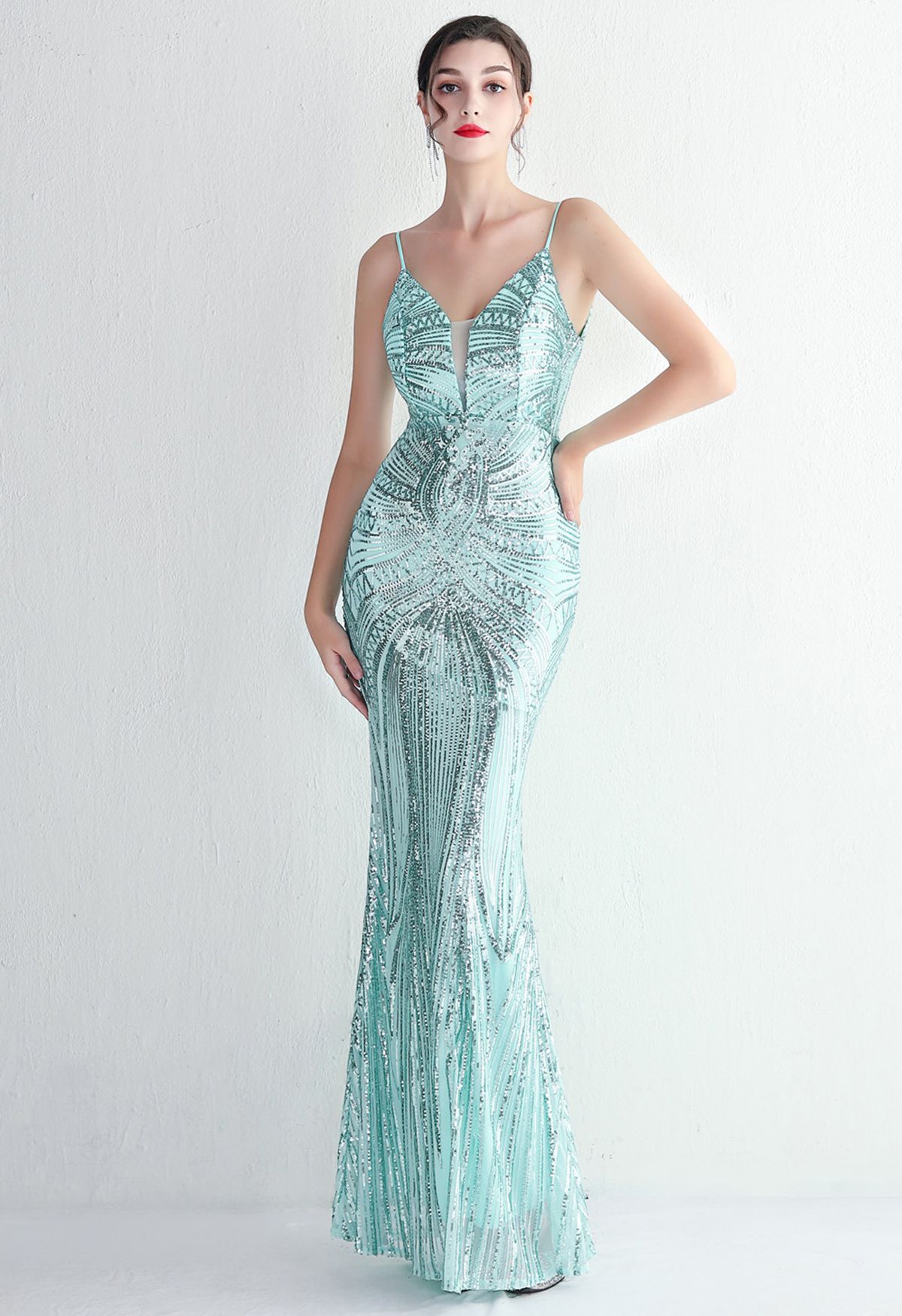 Glimmer Sequin Mermaid Cami Gown in Mint | Chicwish