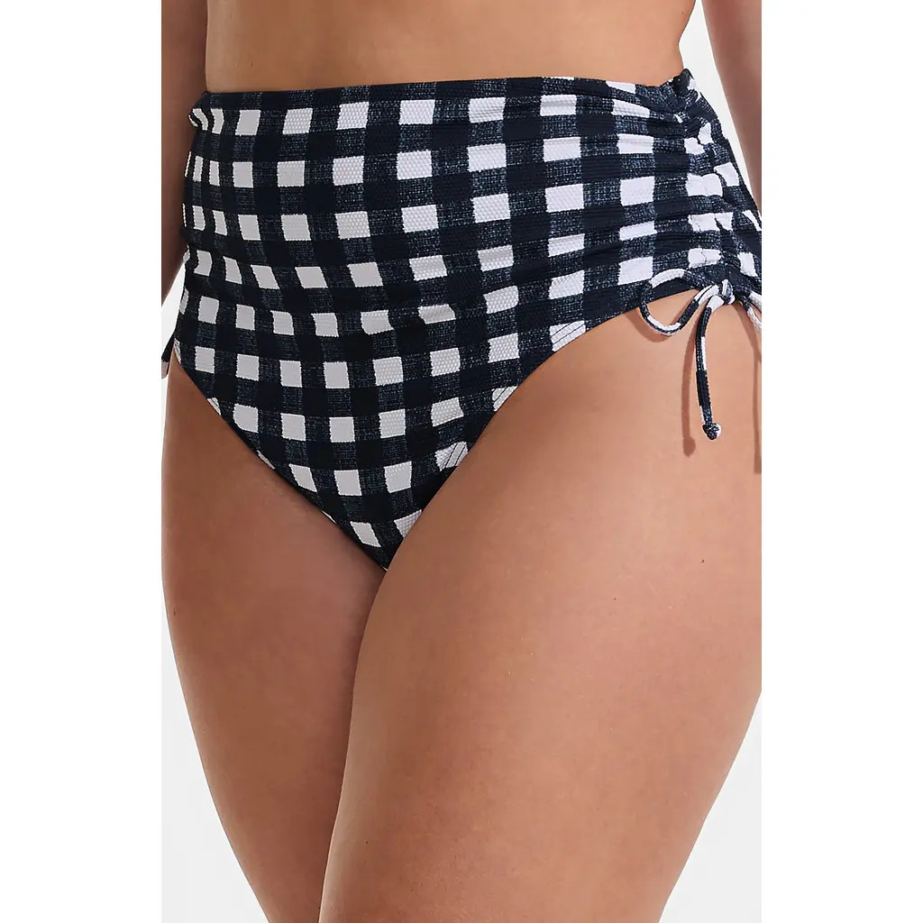 Lands' End Plus Size Pique High Waisted Adjustable Bikini Bottoms in Navy Gingham Pique at Nordstrom, Size 2 | Nordstrom
