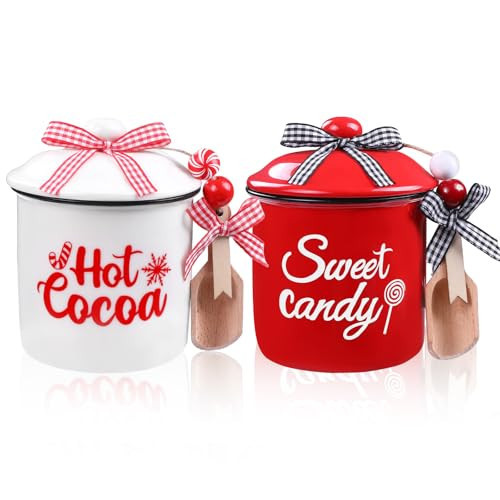 DIYDEC 2pcs Christmas Ceramic Canisters Christmas Ceramic Cup Mini Jar Candy Holder with Lid Spoon Wooden Beads Xmas Tiered Tray Decor for Winter Home Table Centerpiece Decoration Supplies | Amazon (US)