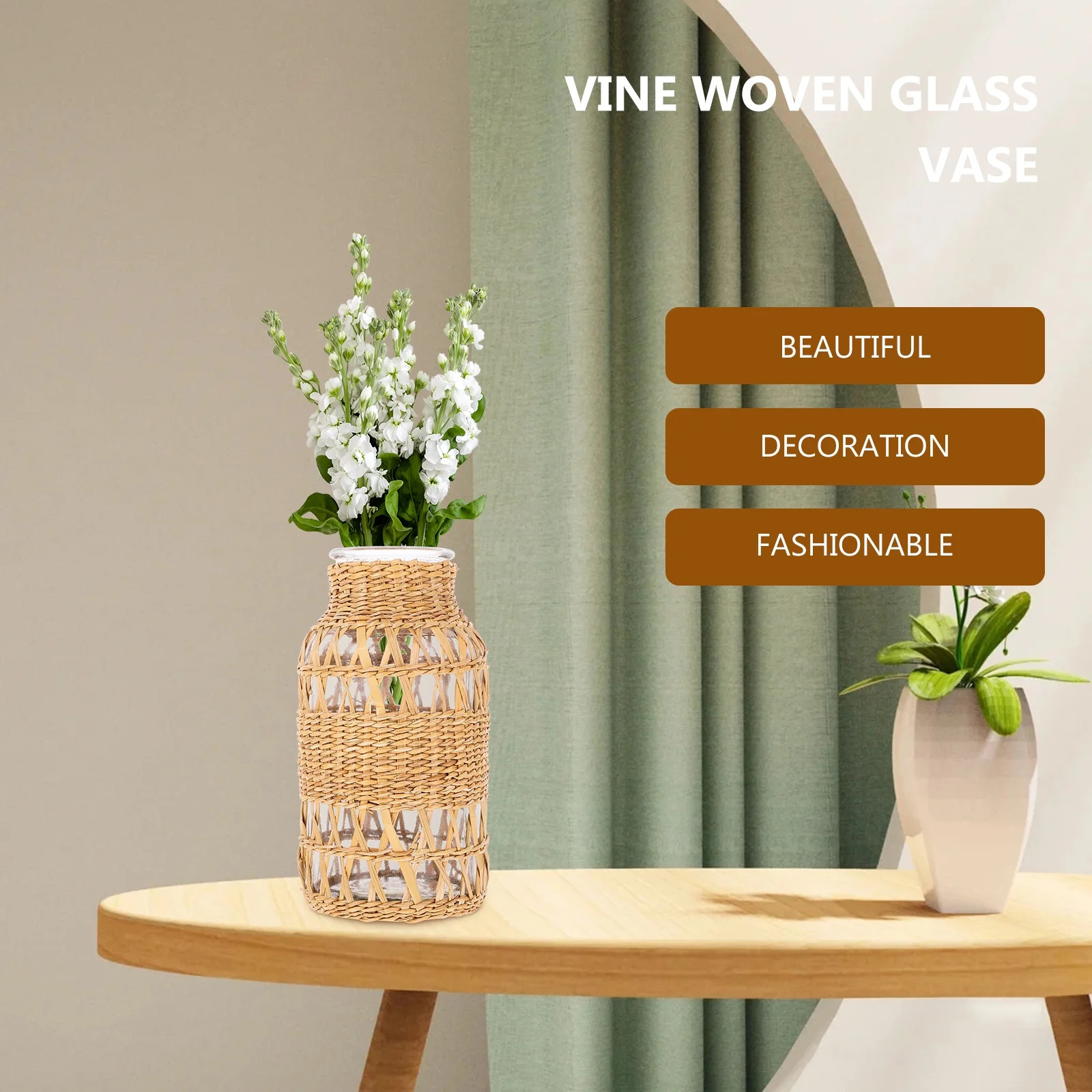 Rattan Glass Vase Decor Home Desktop Dried Flower Arrangement for Plants Woven Boho | Walmart (US)