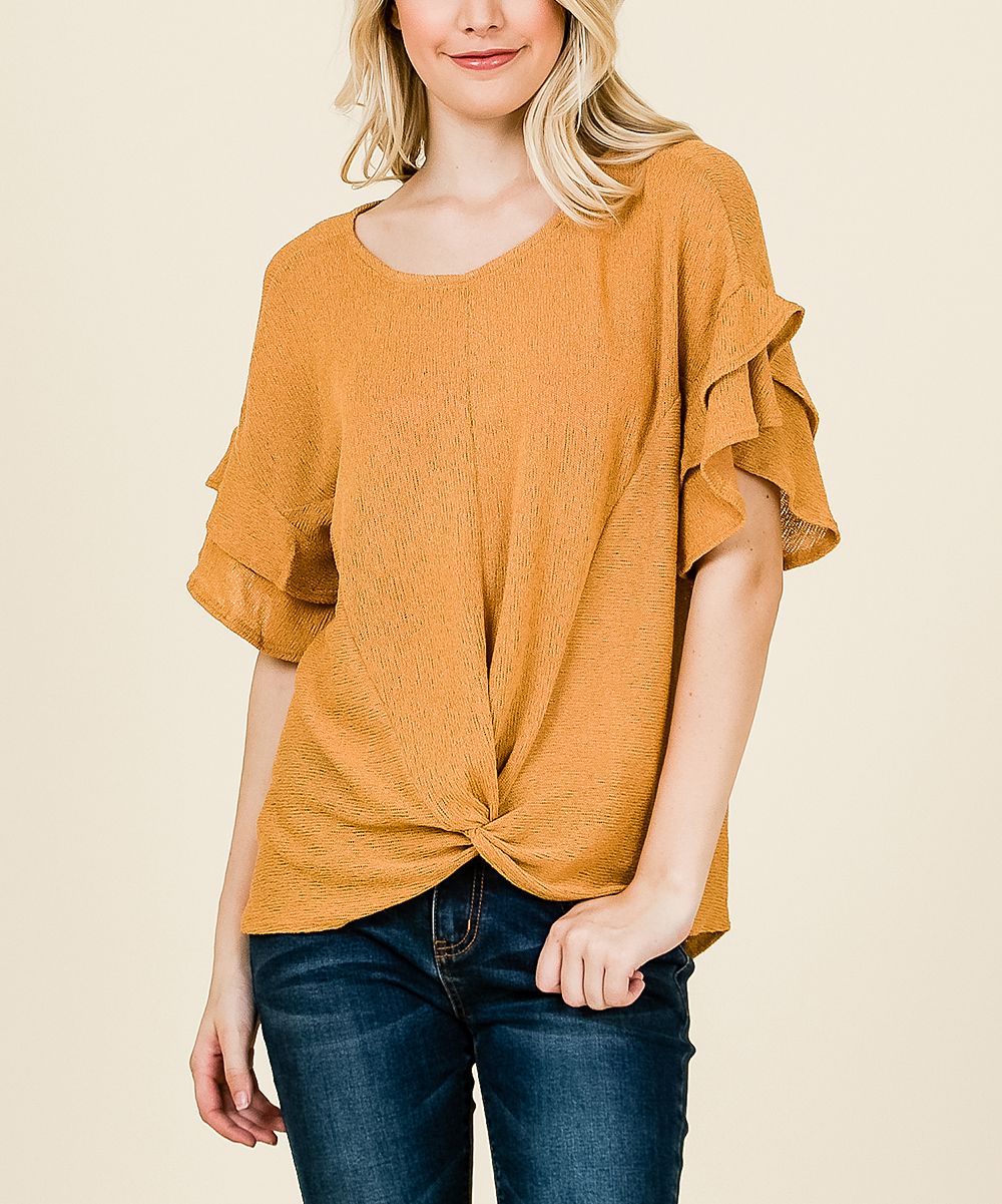 Mustard Knot-Front Ruffle-Sleeve Top - Plus | zulily