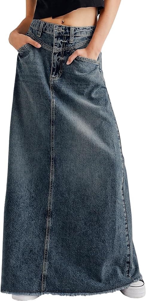 chouyatou Women's Vintage A-Line Frayed Maxi Denim Skirt Distressed High Waist Long Jean Skirt | Amazon (US)