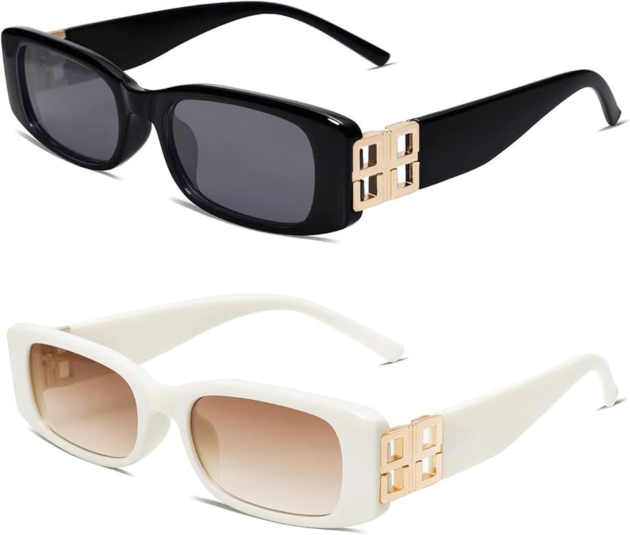 Allarallvr 2 Pack Rectangle Sunglasses for Women 90s Retro Trendy Y2K Aesthetic Vintage Square Sungl | Amazon (US)