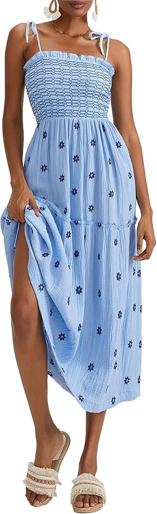 Women Floral Embroidered Maxi Dress Sleeveless Tie Shoulder Smocked Flowy Dress Boho Summer Sundr... | Amazon (US)