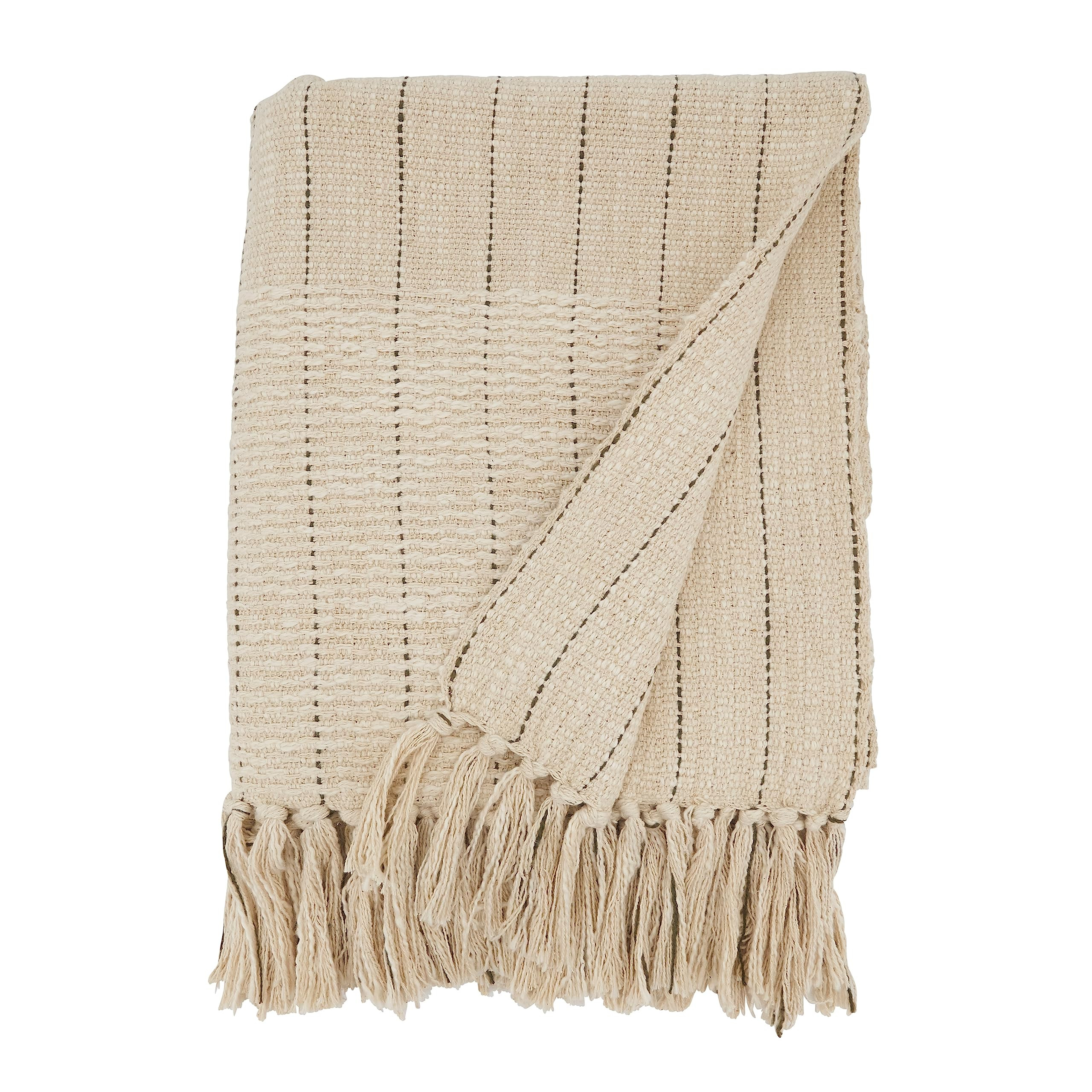 SARO LIFESTYLE Rustic Stripe Throw Blanket with Fringe, Natural, 50"x60" | Amazon (US)