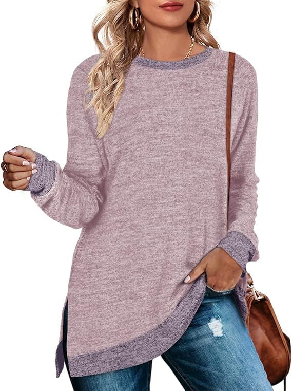 WEESO Women's Long Sleeve Sweatshirts Color Block Crewneck Sweaters Tunic Tops | Amazon (US)