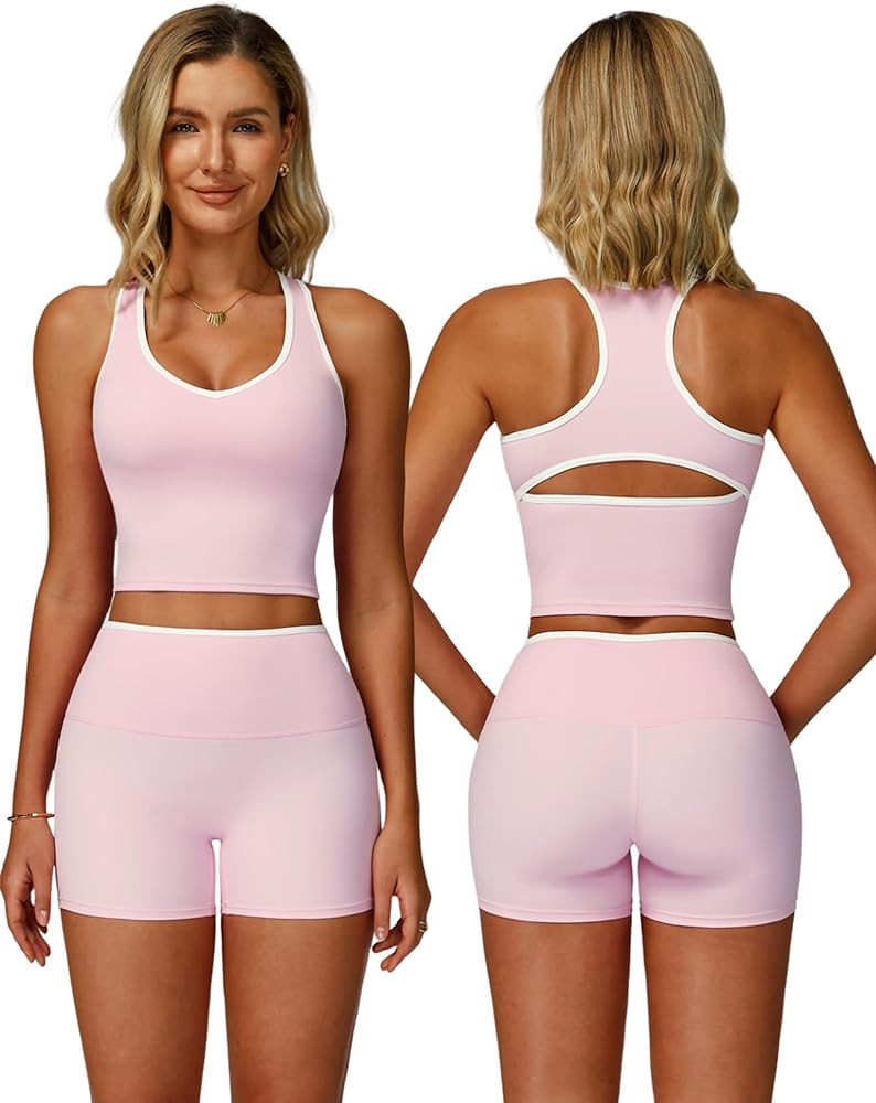 Women 2 Piece Workout Sets Racerback Color Block Tank Top High Waist Tummy Control Shorts Yoga Ou... | Amazon (US)