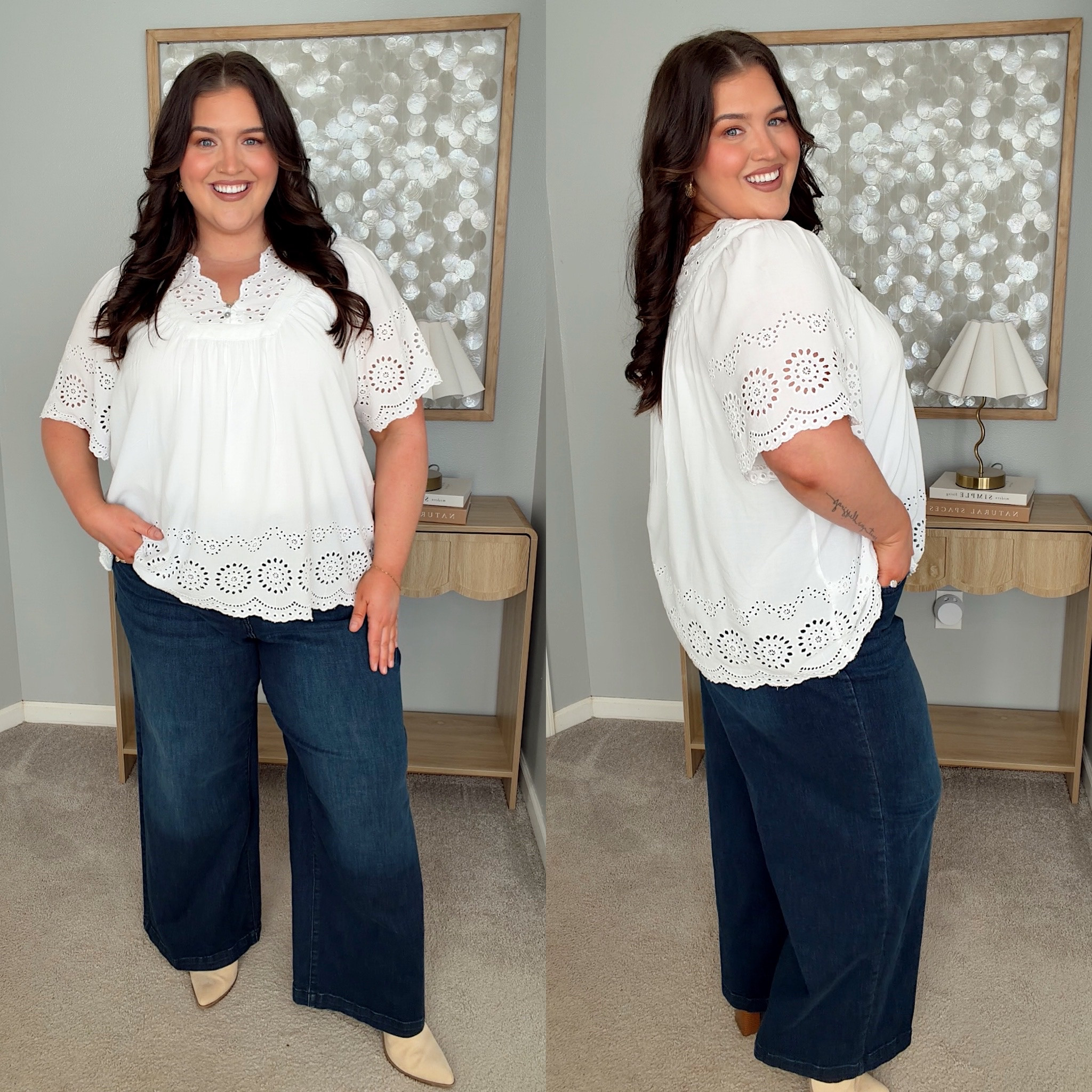 The perfect Spring eyelet white blouse 🤩 Lightweight fabric that has great length and arm coverage. Paired with a wide leg dark wash denim for a Spring transition outfit. Wearing a size 18/20 

#LTKPlusSize #LTKootd #LTKSpringSale