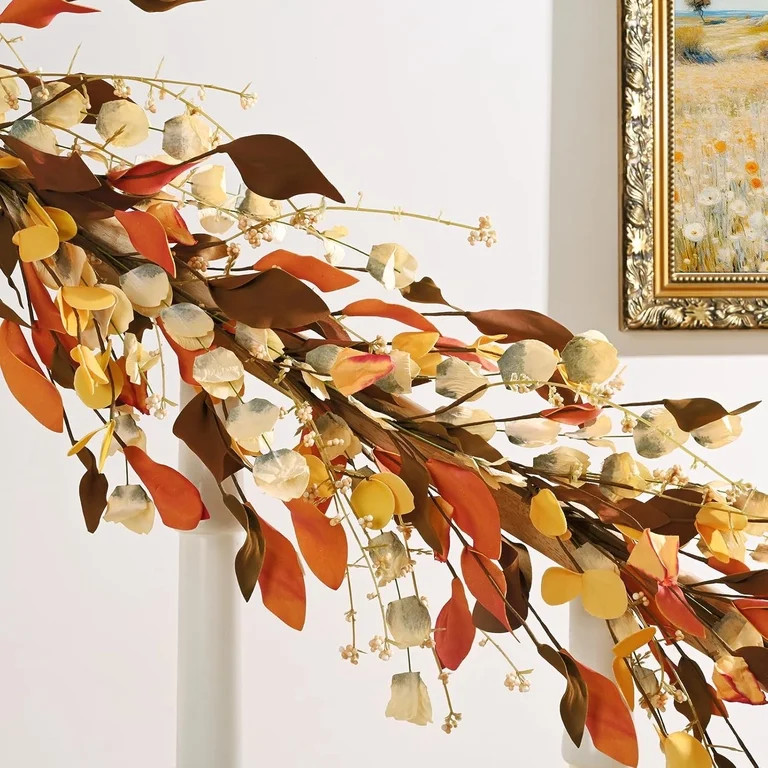 Yastouay 6Ft Fall Garland with Lights, Autumn Eucalyptus Leaves Garland Fall Decor for Proch, Fir... | Walmart (US)