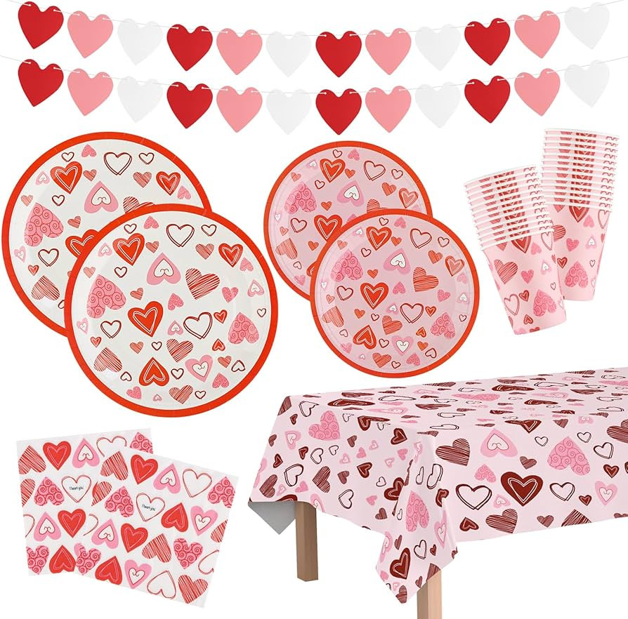 Valentines-Day Decorations Party Supplies Set for 25-Disposable Paper Plates, Napkins, Cups, Tabl... | Amazon (US)