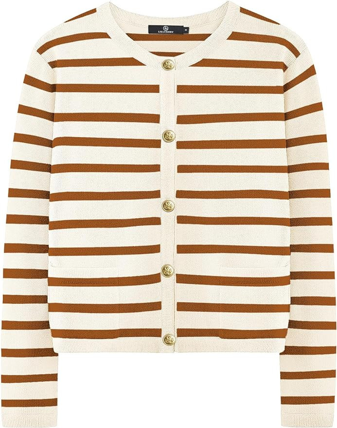 LILLUSORY Women's Crew Neck Gold Buttons Cardigan Sweaters Lady Jacket with Patch Pockets | Amazon (US)