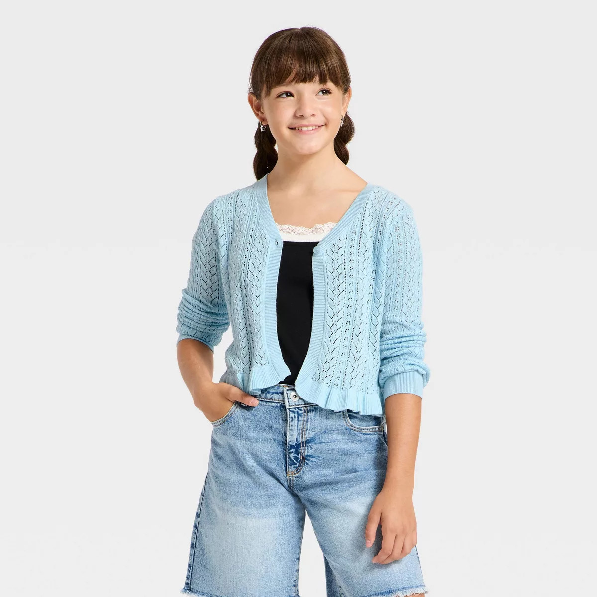 Girls' Ruffle Edge Pointelle Cardigan - art class\u2122 Light Blue M | Target