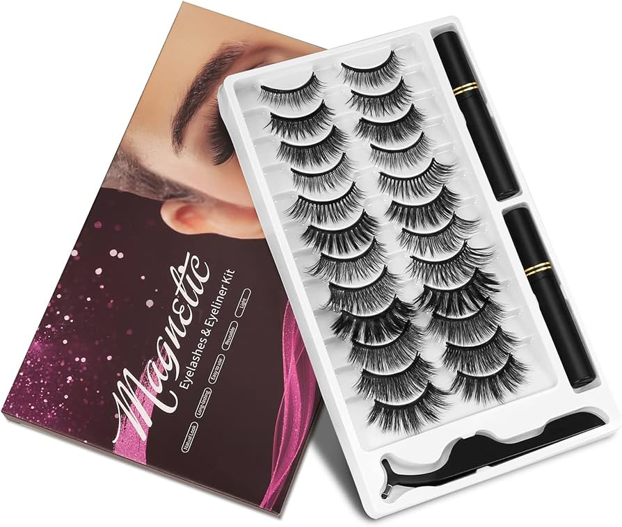 Magnetic Eyelashes and Eyeliner Kit, 12 Pairs Reusable Magnetic Lashes with Eyeliner and Tweezers... | Amazon (US)