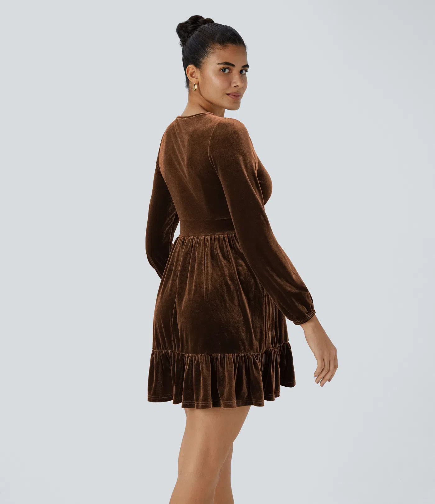 Women’s Everyday Deep V Neck Long Sleeve Ruffled Hem Velvet Mini Chill Dress - Halara | HALARA