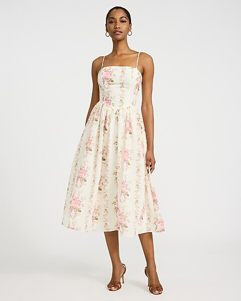 Floral Square Neck Dipped Waist Smocked Back Midi Dress | Express