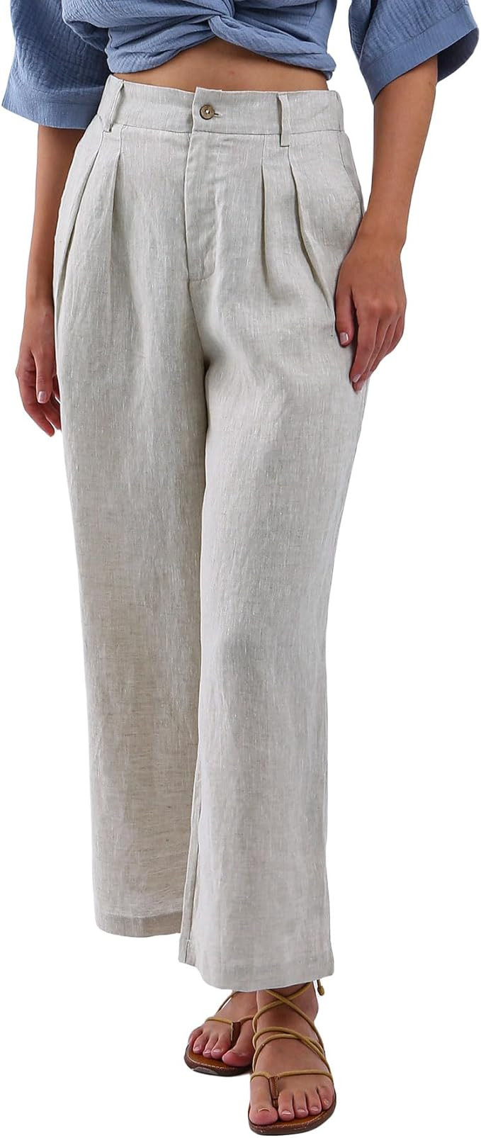 Amazhiyu Women's 100% Linen Summer High-Waisted Wide Leg Pants with Pockets | Amazon (US)