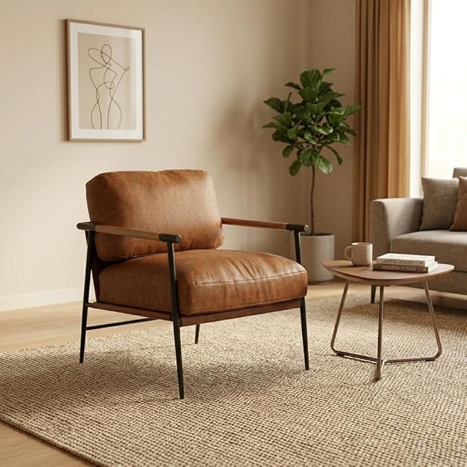 Mid-Century Accent Chair, Soft Armchair PU Leather Lounge Chair with Black Metal Legs, Upholstere... | Amazon (US)