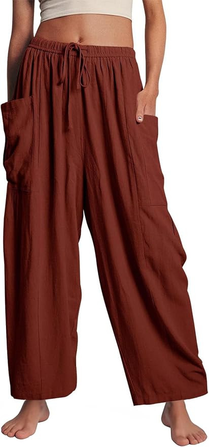 Flygo Women's Flowy Drawstring Wide Leg Pants with Side Pockets | Lightweight Breathable Fabric, ... | Amazon (US)