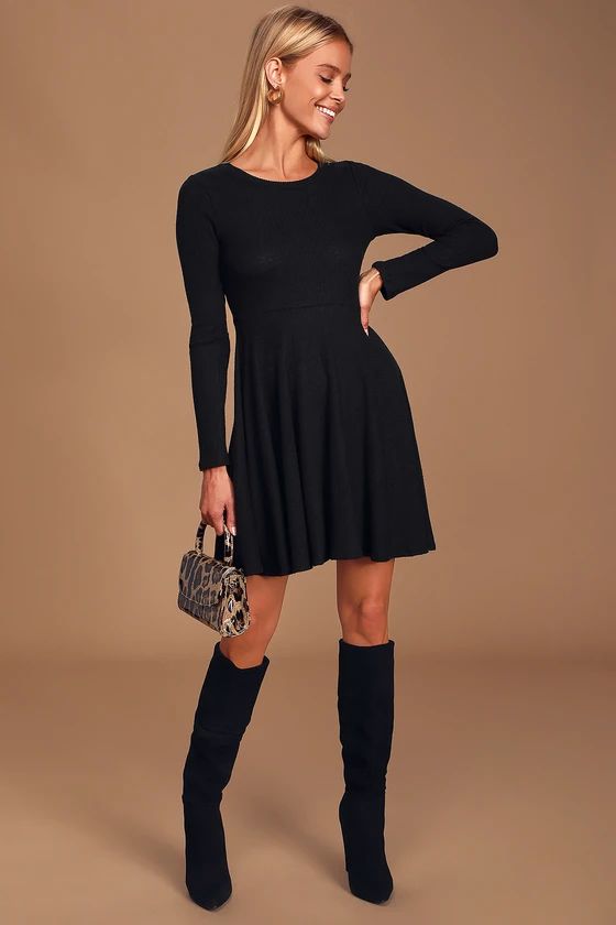 Fit and Fair Black Ribbed Knit Long Sleeve Skater Dress | Lulus (US)