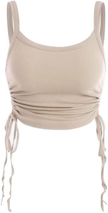 ZAFUL Women's Sleeveless Tank Tops Shirt Ribbed Drawstring Side Ruched Scoop Neck Basic Crop Top | Amazon (US)