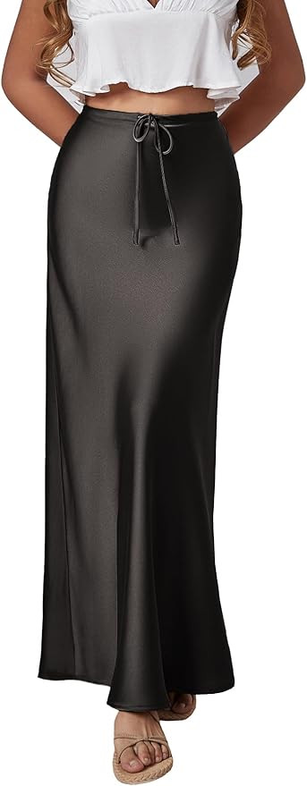 Womens Satin Silk Maxi Skirts Drawstring Flared Casual A-Line Long Skirt for Women | Amazon (US)