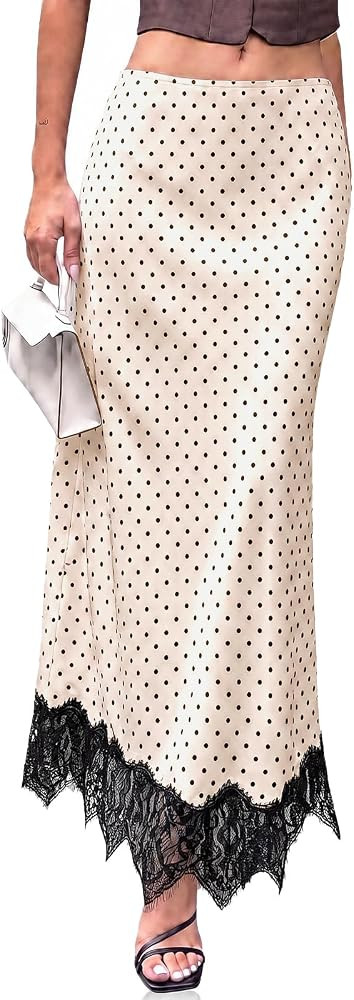 Cicy Bell Womens Polka Dot Satin Maxi Skirt High Waisted Lace Flowy Skirts | Amazon (US)