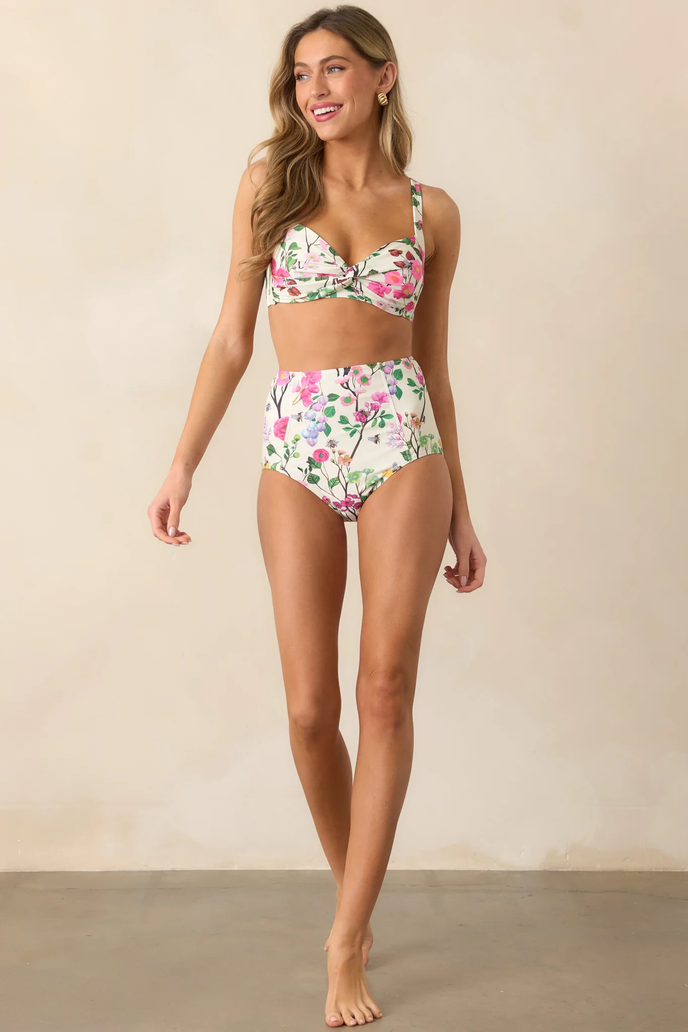 Sunny Skies Ahead Ivory Cherry Blossom High Rise Bikini Bottoms | Red Dress