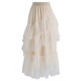 Holly Night Dots Asymmetric Ruffle Mesh Skirt in Cream | Chicwish