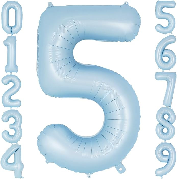 Light Blue Number 5 Balloon, 40 Inch Big Large Foil Number Balloons, Giant Mylar Number 5 Balloon... | Amazon (US)