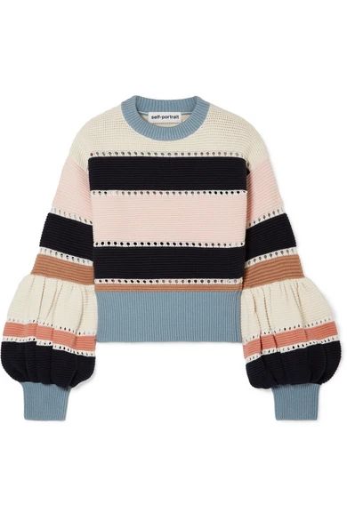 Self-Portrait - Striped Ribbed Cotton And Wool-blend Sweater - Blue | NET-A-PORTER (US)