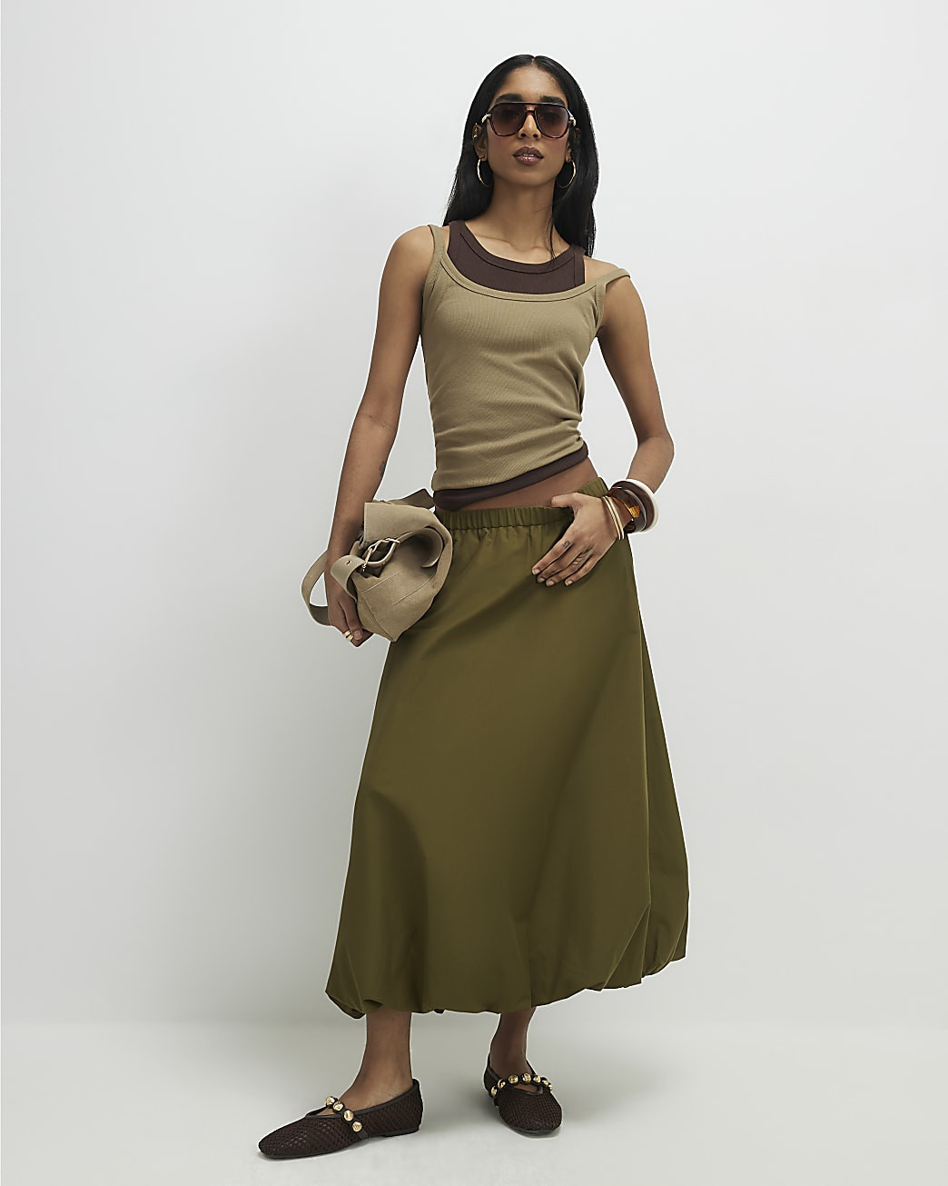 Khaki Bubble Hem Midi Skirt | River Island UK & IE