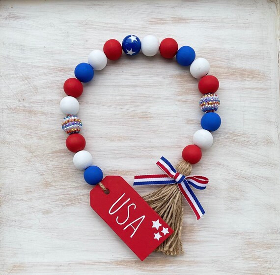 Farmhouse ‘USA’ 4th of July Rae Dunn Inspired Wood Bead Garland. Perfect addition to your 4th... | Etsy (US)
